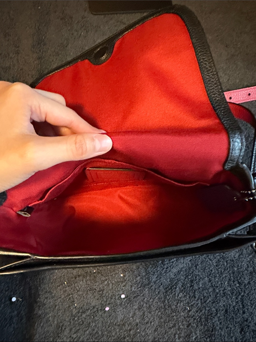 Coach Black Pebbled Leather Crossbody with Rainbow Coach Patch and Red Strap - Picture 9 of 11